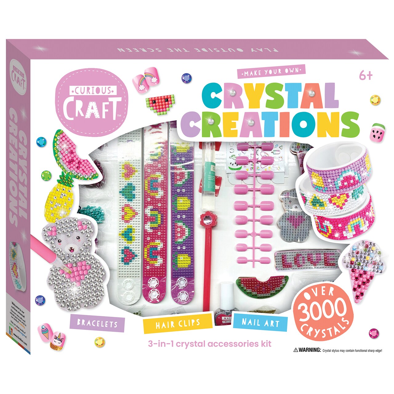 Curious Craft: Make Your Own Crystal Creations - Kids Ultimate 3-In-1 Accessory Kit, DIY Crystal Nail Art, Hair Clips & Sparkly Bracelets, Ages 6+